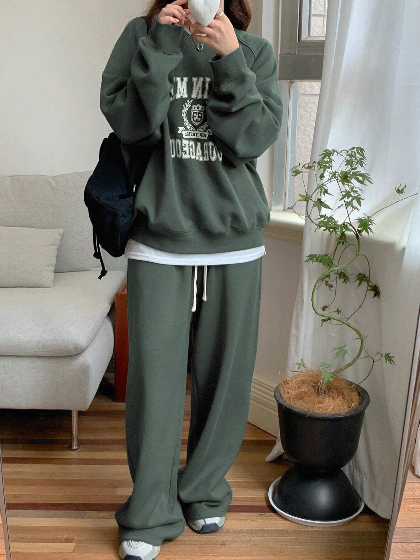 Casual Letter Printed Crew Neck Raglan Sleeve Sweatshirt And Sweatpants Set