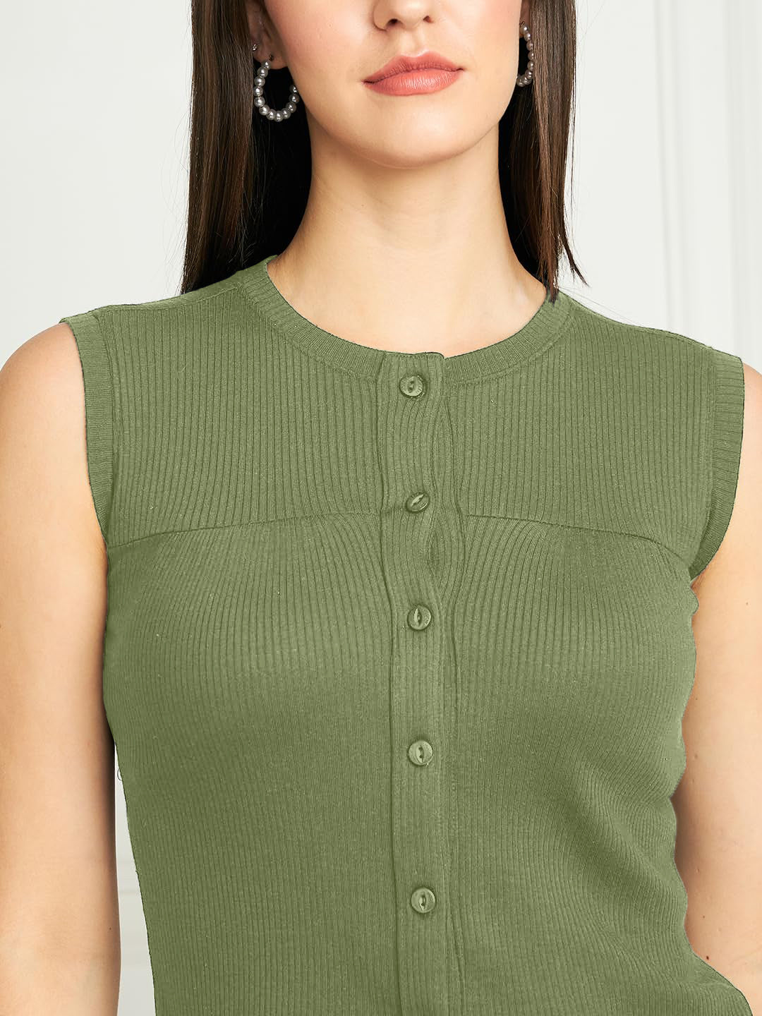 Rib-Knit Open Front Button Sleeveless Cropped Camisole Top