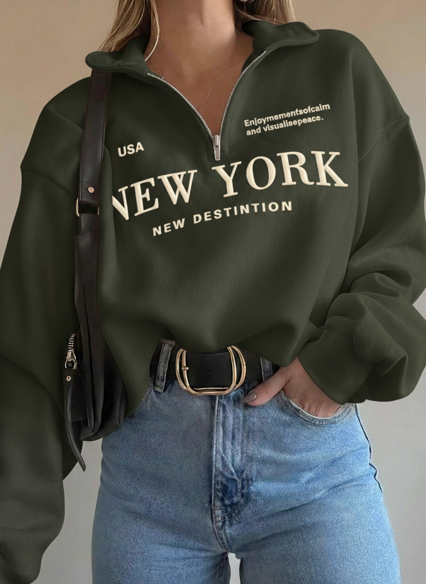 Half Zip Drop Shoulder "NEW YORK" Letter Print Oversized Sweatshirt, Long Sleeve (Copy)