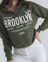 Half Zip Drop Shoulder "BROOKLYN" Letter Print Oversized Sweatshirt, Long Sleeve