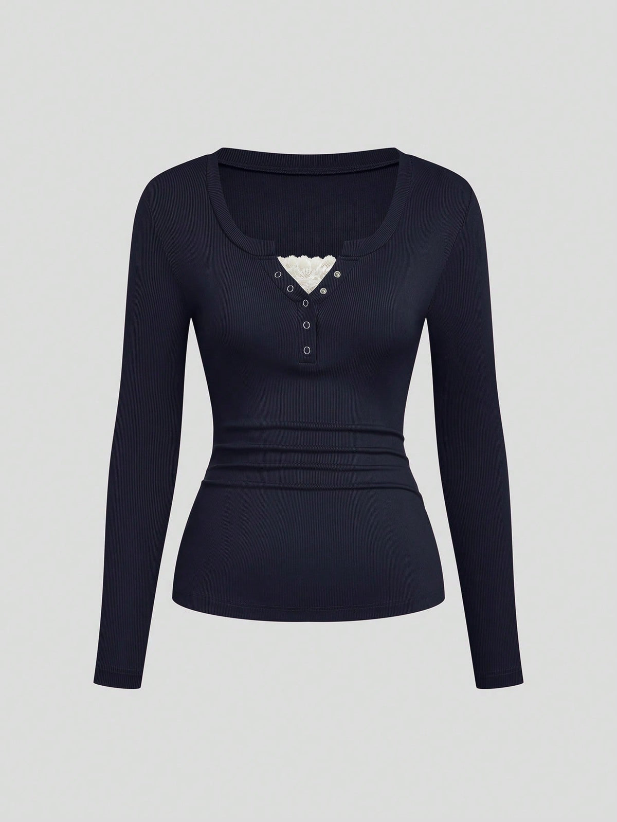Women's Lace-Trim Mandarin-Collar Long-Sleeve Henley Top