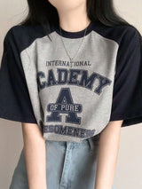 Letter Printed Round Neck Color Block Oversized Short Sleeve T-Shirt