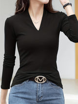 Casual Long Sleeve T-Shirt - Deep V-Neck Semi-Sheer Top