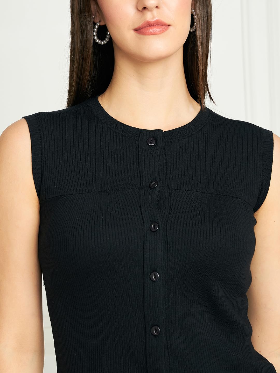 Rib-Knit Open Front Button Sleeveless Cropped Camisole Top