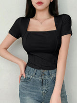 Women's Solid Color Swan Collar Short Sleeve T-Shirt
