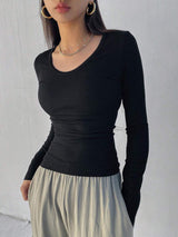 Solid Color Ribbed Slim Fit Long Sleeve T-Shirt