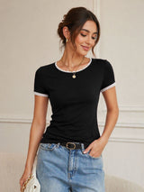 Scoop Neck Short Sleeve Lace Trim Short Top