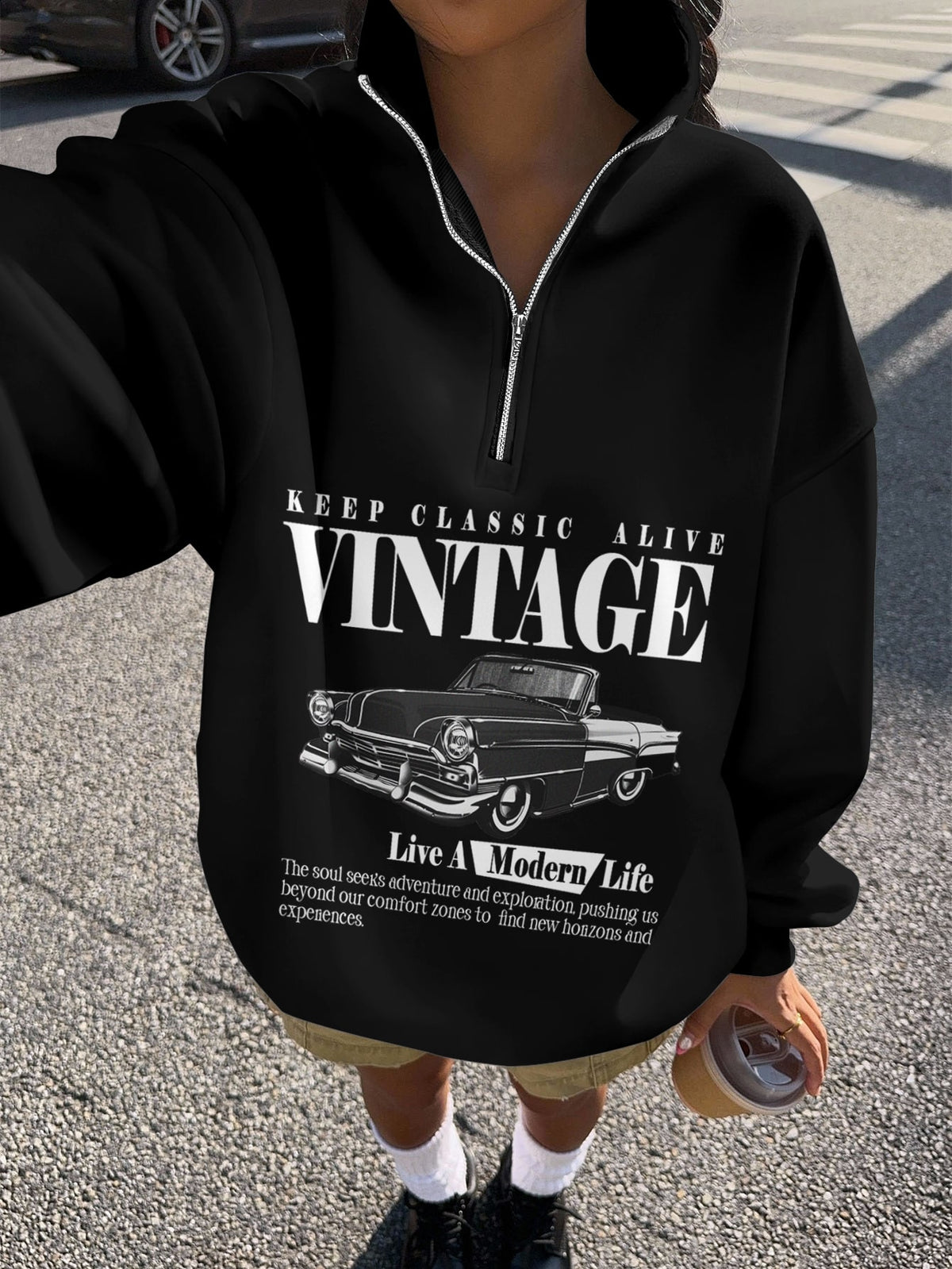 Women's Vintage Car-Print Half-Zip Raglan Sweatshirt