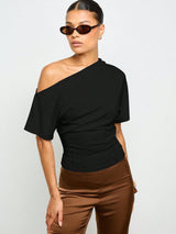 Off Shoulder Asymmetric Top Modern Fitted Waist Short Sleeve Shirt
