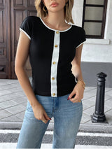 Elegant Casual Contrast Color Slim Fit Short Sleeve Tee