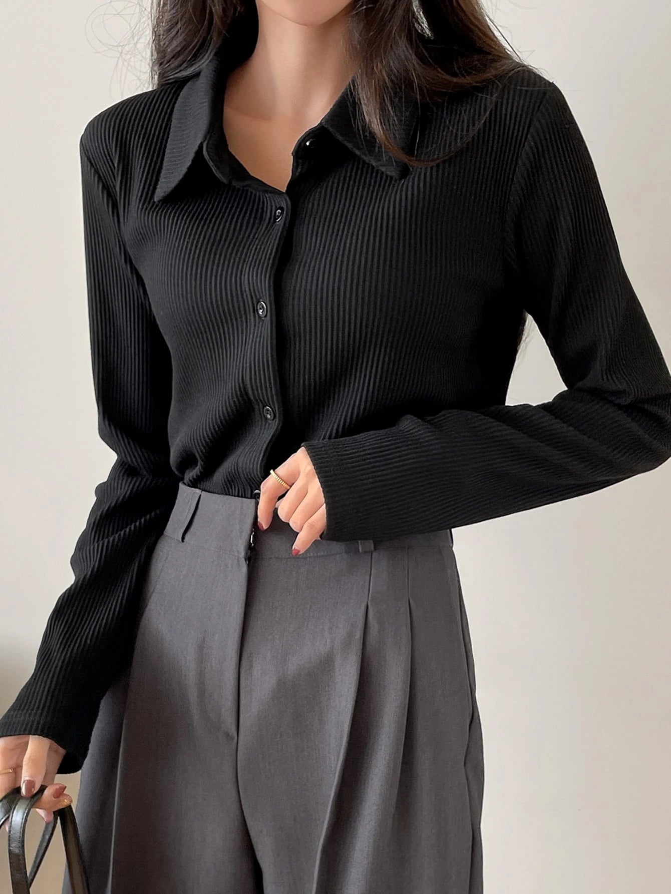 Ribbed Button-Up Shirt - Long Sleeve Collared Knit Blouse, Slim Fit Casual Top