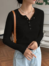 Ribbed Long Sleeve Henley Top - Button Neck Slim Fit Casual Tee