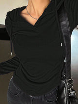 Solid Color Drawstring Hooded Long Sleeve T-Shirt