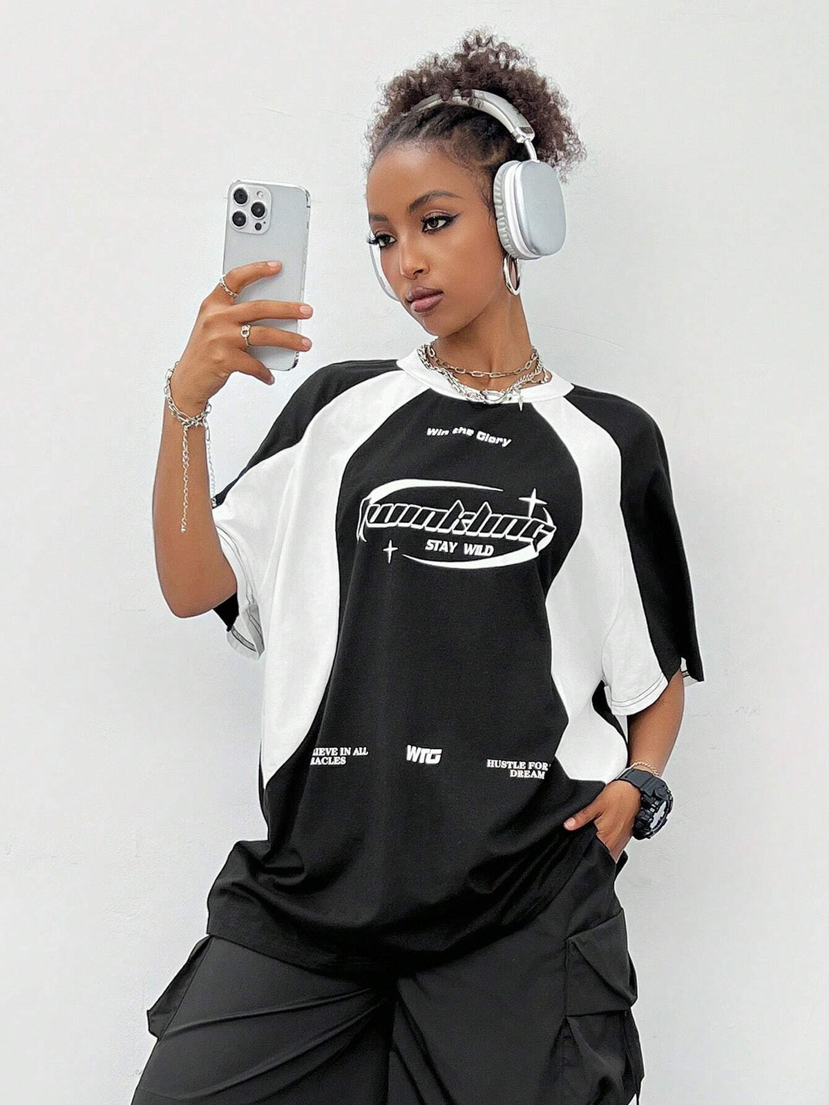 Women's Oversized Colourblock Slogan Raglan T-Shirt