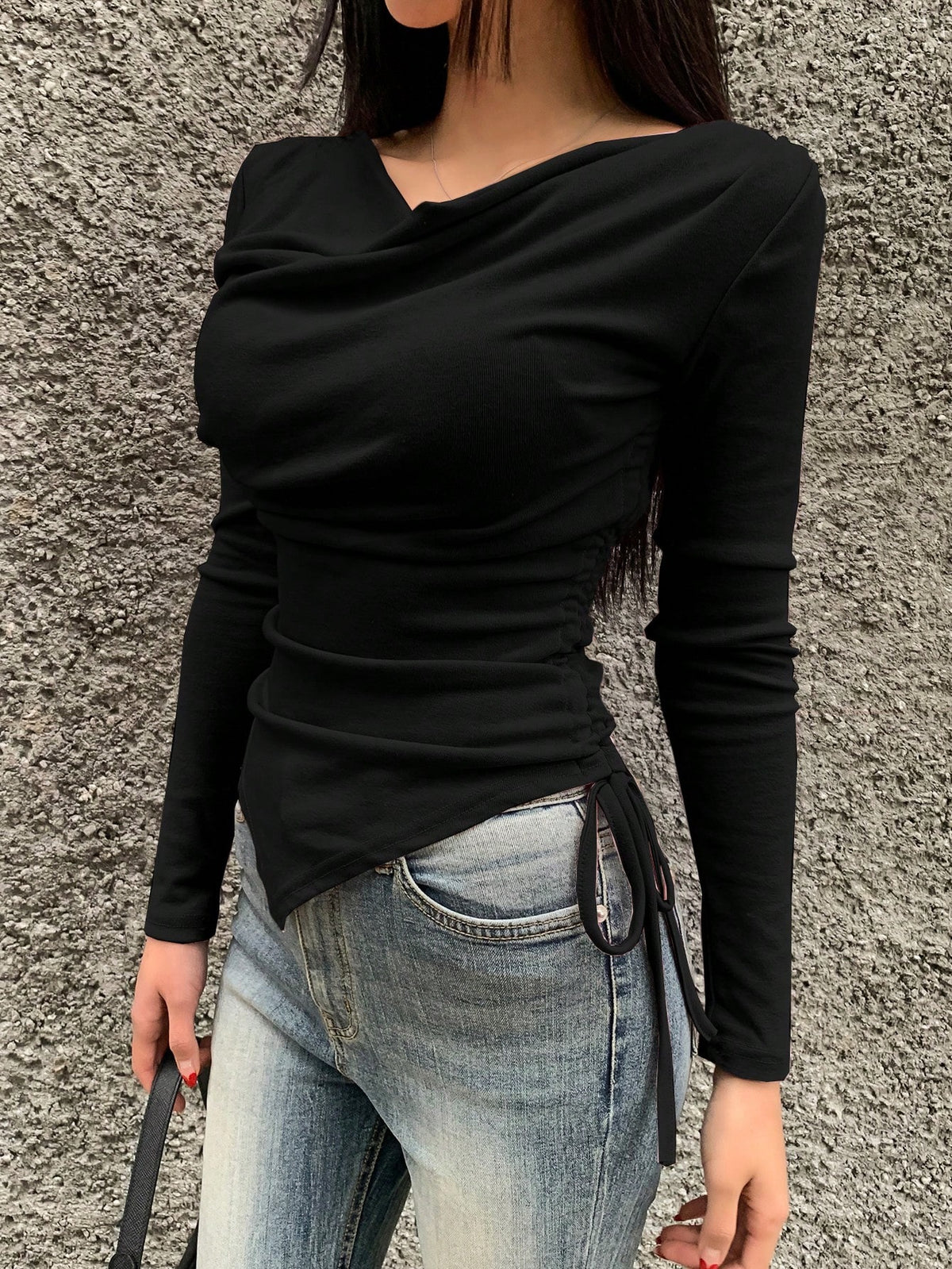 Women's Draped Cowl-Neck Side-Drawstring Long-Sleeve T-Shirt