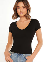 V-Neck Short Sleeve Solid Color Slim Fit Casual Tee