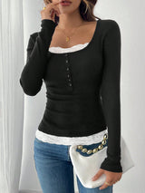 Round Neck 2 In 1 Lace Patchwork T-Shirt, Brown Velour Ribbed