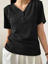 Less Solid Rib Knit Button Front Tee Old Money Style