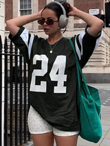 Solid Color Patchwork Crew Neck Short Sleeve Numeric Print Casual Top Graphic Tees