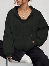 Casual Loose Open-Front Hoodie Sweatshirt with Drop Shoulders, Drawstring, Pockets, and Zip-Up Design
