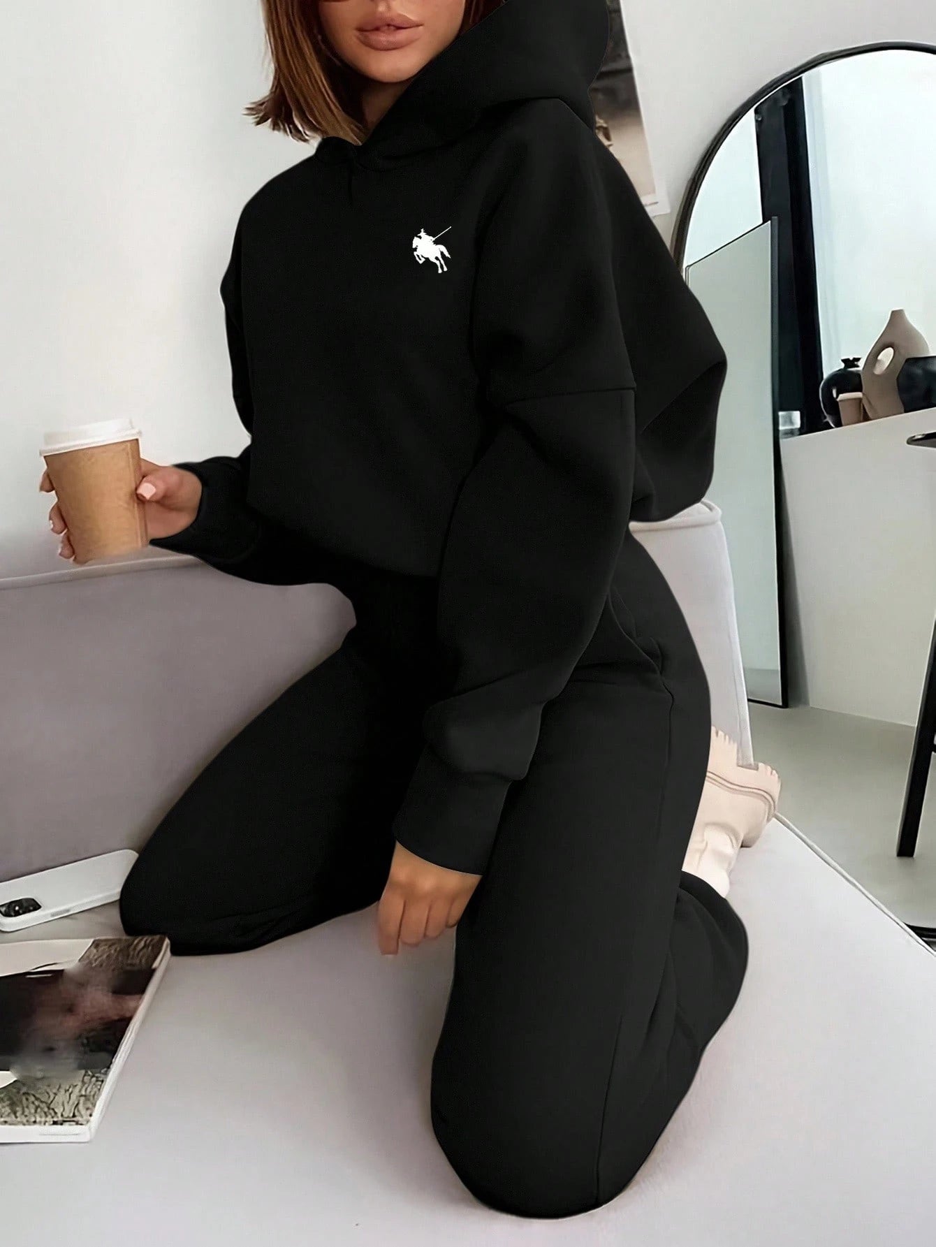 Heart Print Long Sleeve Cropped Hoodie And Drawstring Waist Pocketed Jogger Sweatpants 2 Pieces Set