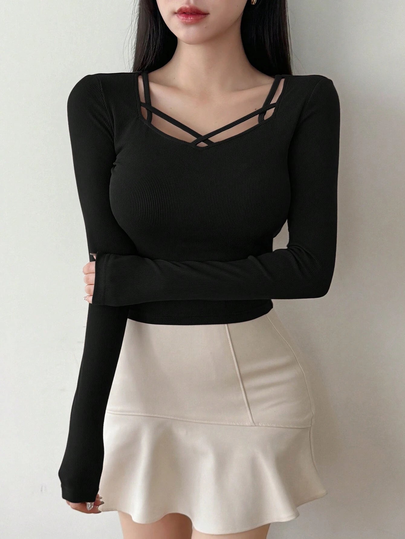 Hollow Out Design Ribbed T-Shirt