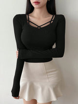 Hollow Out Design Ribbed T-Shirt