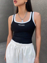Letter Print Contrast Trim Tight Crop Tank Top With U-Neck For Women