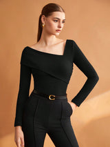 Elastic Ruched Asymmetric Neck Long Sleeve Elegant T-Shirt