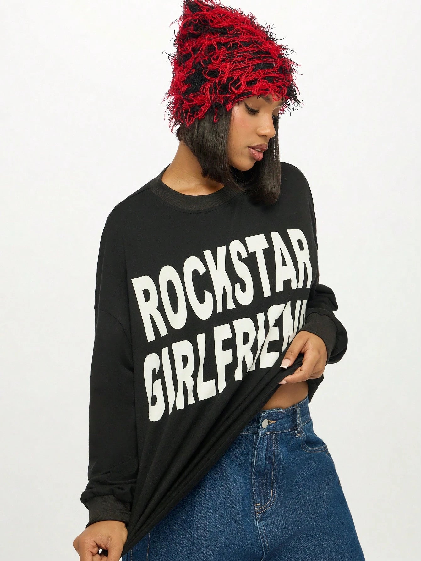 Rockstar Girlfriend Long Sleeve Graphic Tee Oversized Boyfriend Style Cotton Blend Statement Top