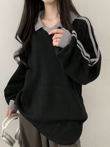 Contrast Color Block Striped Long Sleeve Casual Letter Print Sweatshirt, Collegiate Style, Long Sleeve Tops