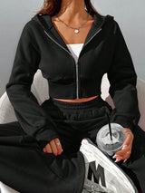 Spring Fashionable Pink Zip Front Hooded Sweatshirt And Pants Two Pieces Set