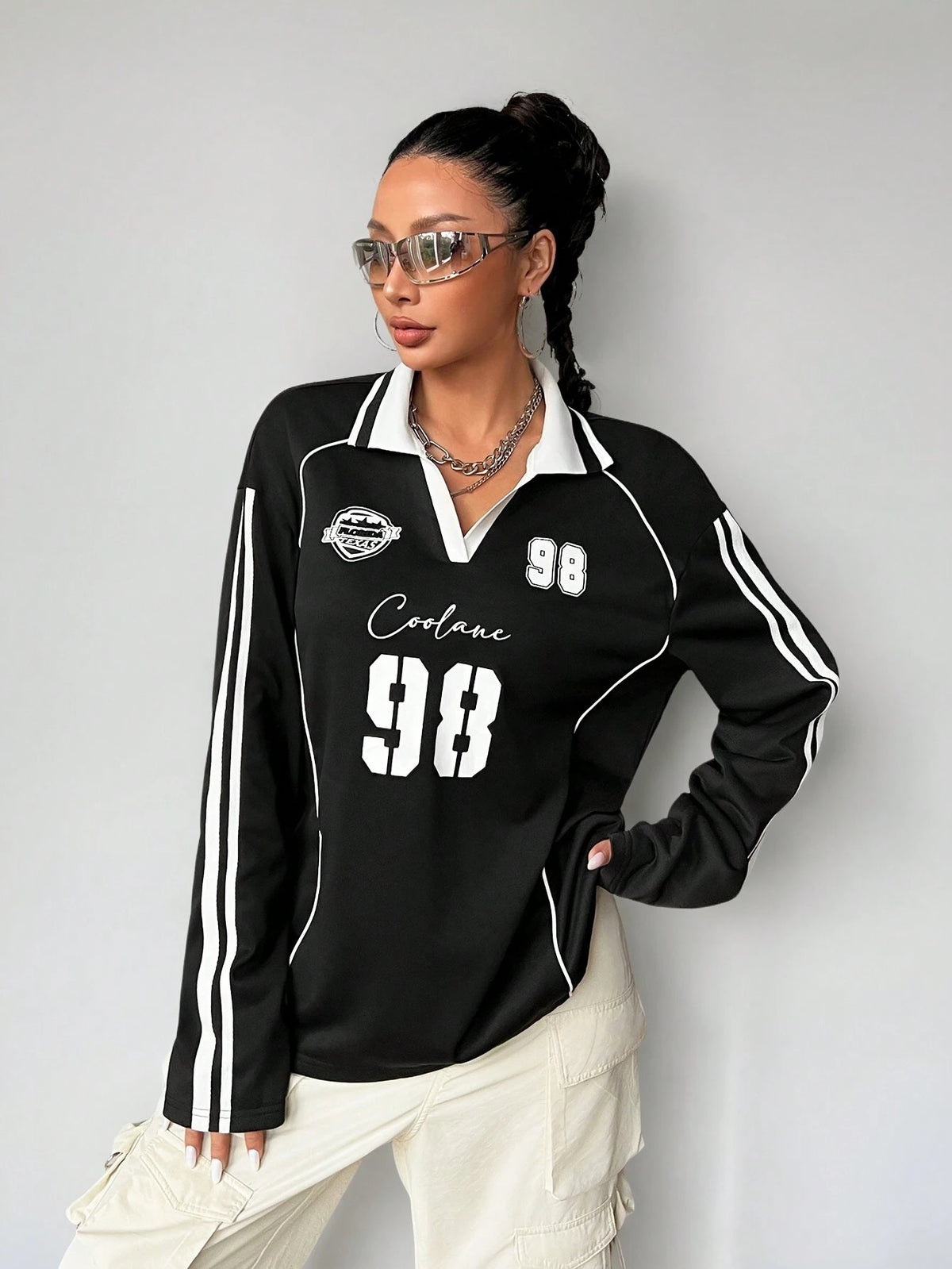 Women's Oversized V-Neck Striped Long-Sleeve Jersey T-Shirt