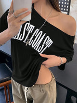 Off-Shoulder Short Sleeve Letter Printed Casual T-Shirt Graphic Tees Women Tops