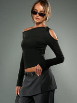 Off Shoulder Long Sleeve Crop Top Cold Shoulder Cutout Design Black Fitted Shirt