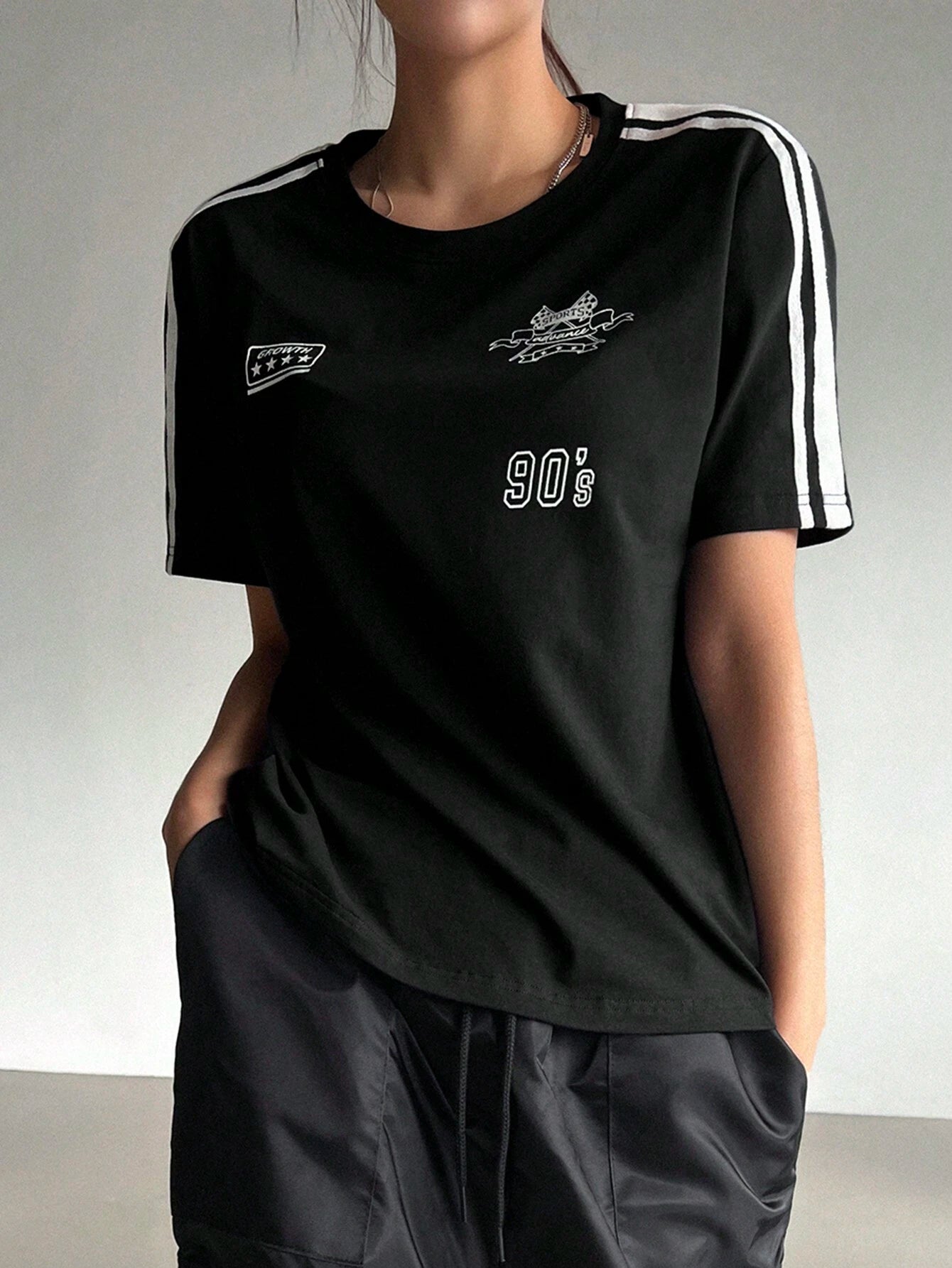 Motorcycle Style Print Colorblock Striped Detail Short Sleeve T-Shirt