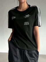 Motorcycle Style Print Colorblock Striped Detail Short Sleeve T-Shirt