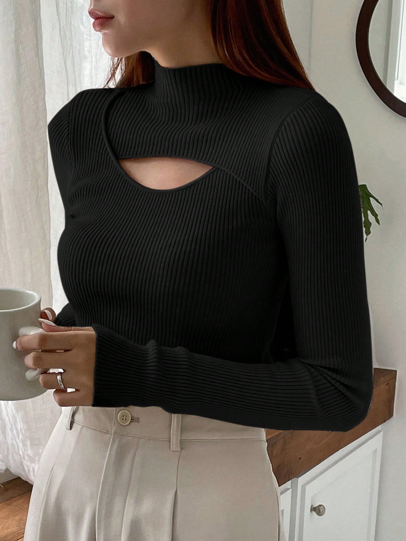 Stand Collar Long Sleeve Hollow Pullover Tops