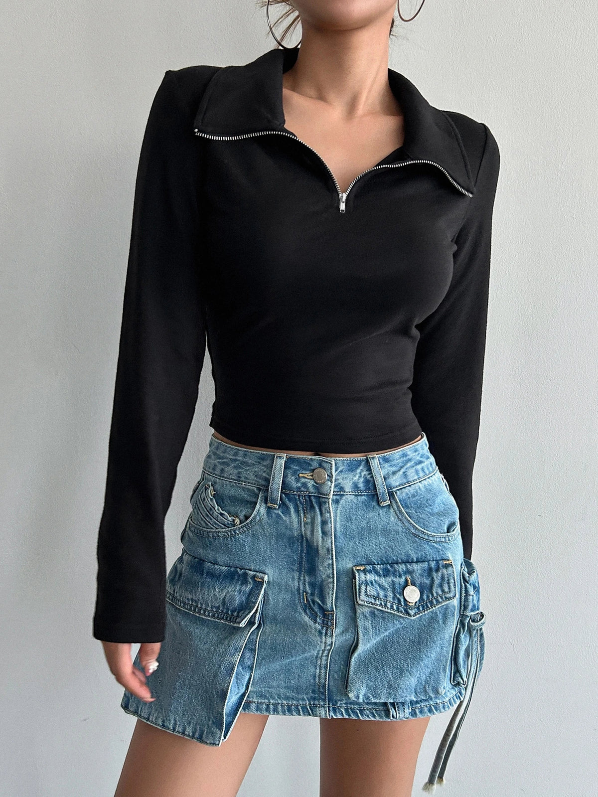 Women's Half-Zip Collared Ribbed Long-Sleeve Crop Top