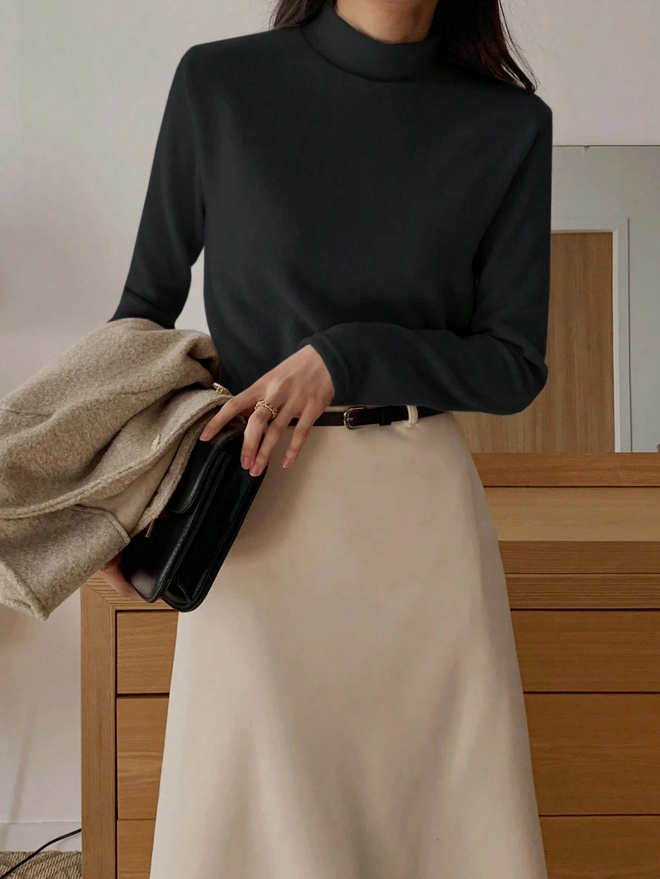 Stand Collar Solid Color T-Shirt Long Sleeve Women Tops