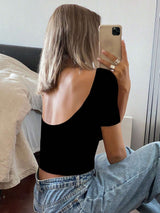 Casual Solid Color Short Sleeve Slim Fit T-Shirt,Halter Top