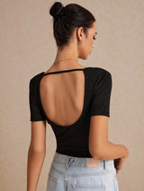 Solid Black Backless Short Sleeve Tee, Effortless Chic Essential, Summer Top