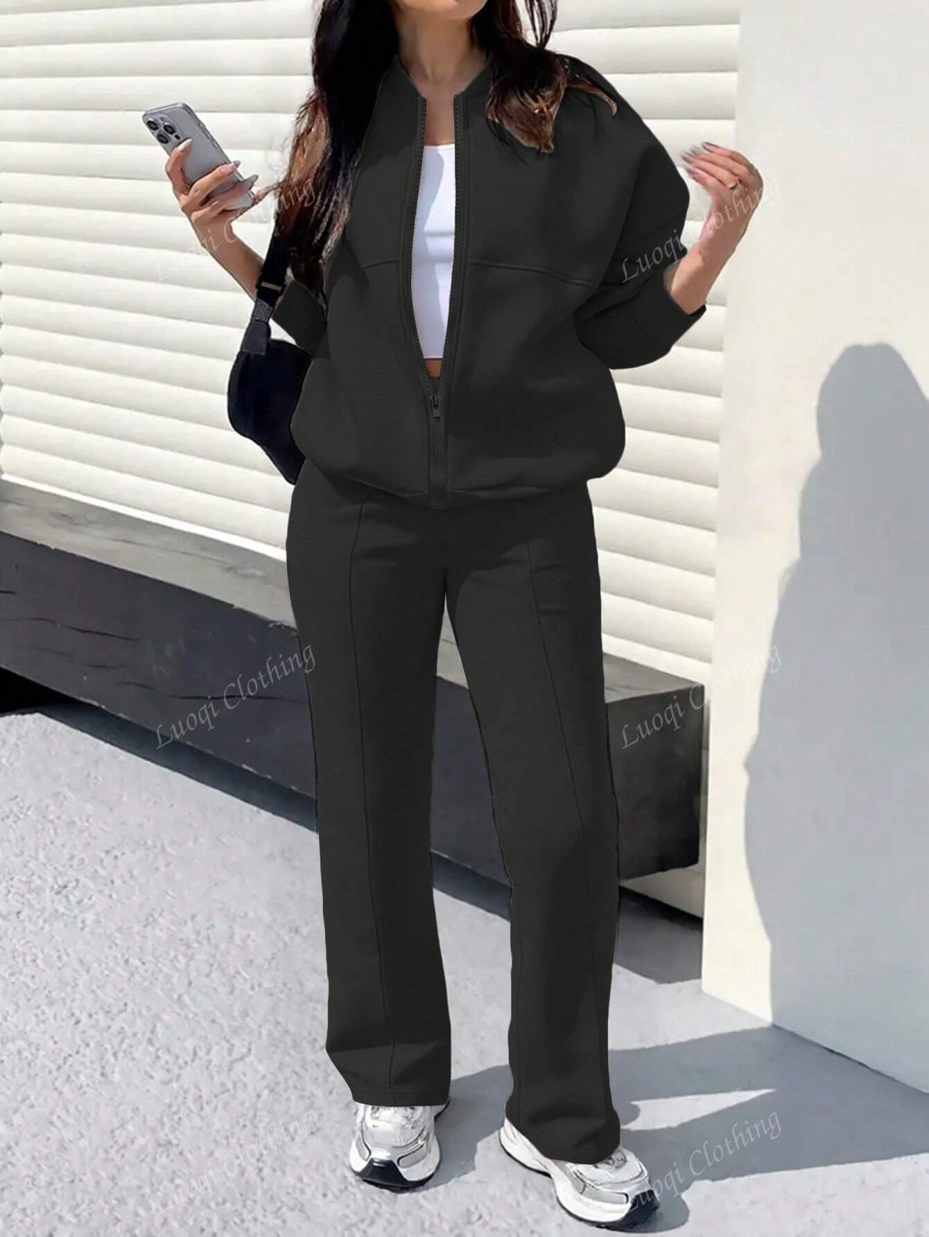 Solid Color Minimalist Hoodie Jacket Top And Straight Leg Pants, Fashion Outfit