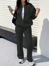 Solid Color Minimalist Hoodie Jacket Top And Straight Leg Pants, Fashion Outfit