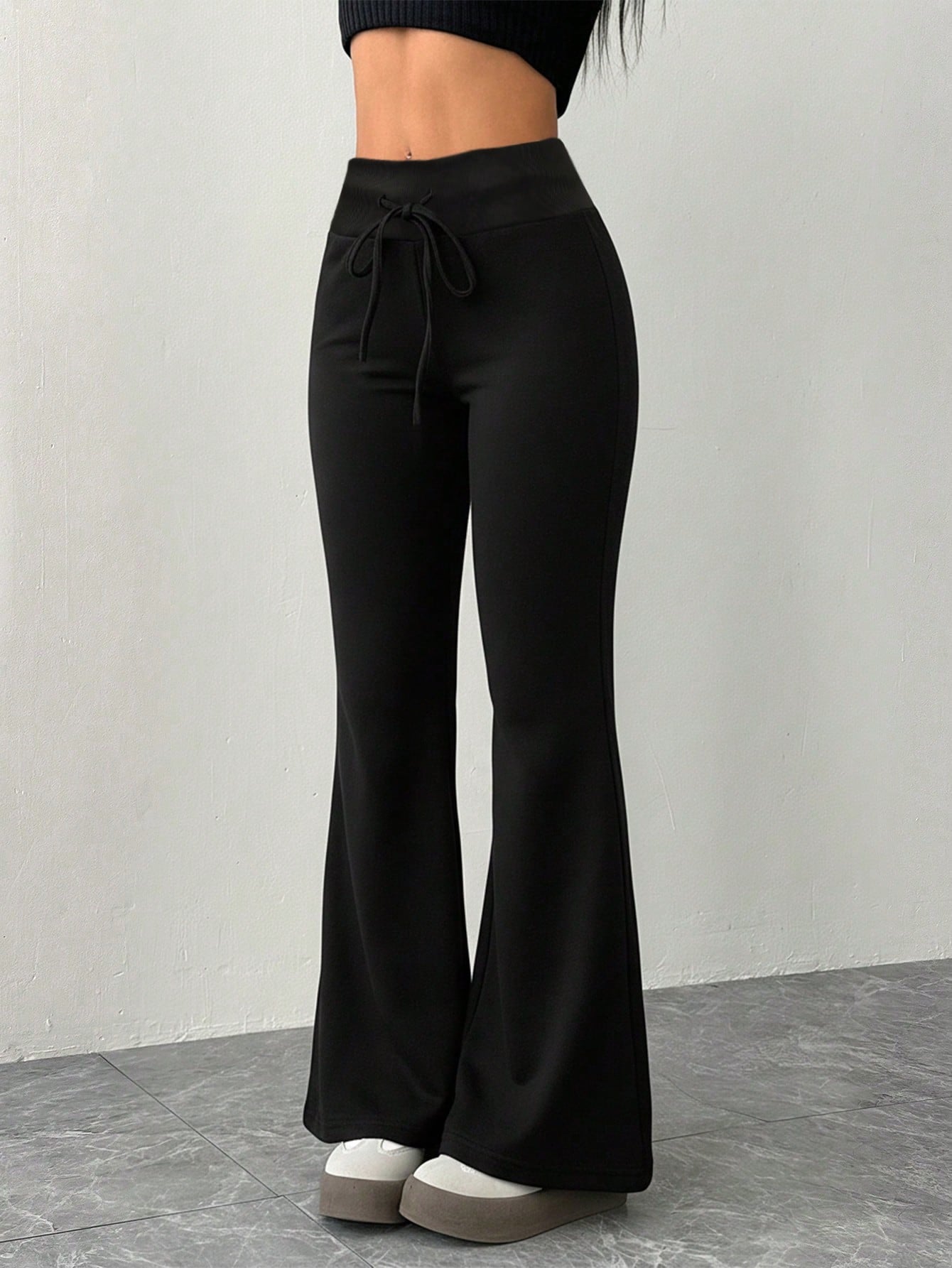 Casual Gray Knitted Elastic Waist Flared Sweatpants Bell Bottom Lace Up Flared Pants