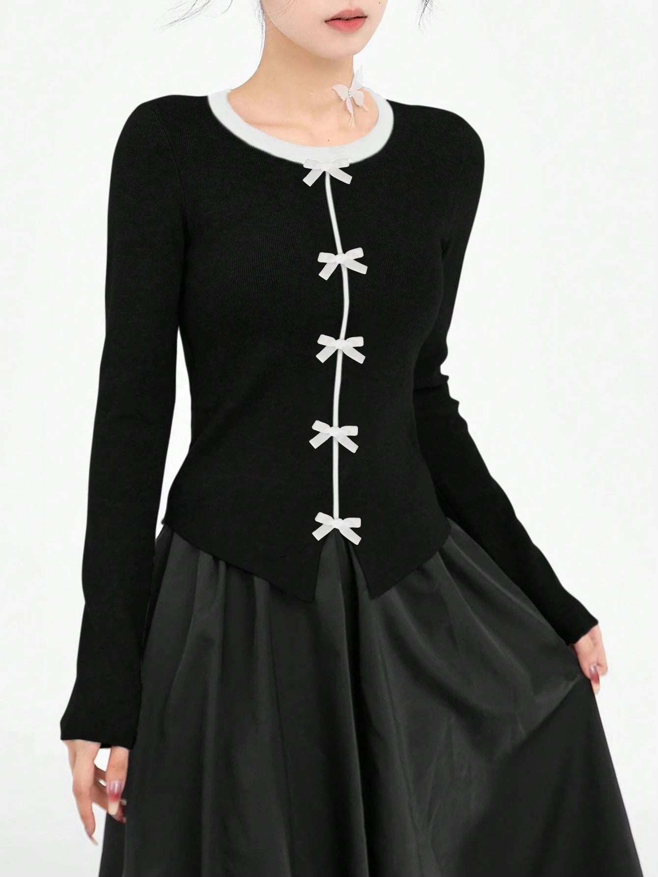 Bow Decor Contrast Color Classy Flattering Slim Fit Sweater For Women