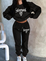 Two-Piece Fashion Warm Plus Fleece Round Neck Sweatshirt + Sports Sweatpants Simple Letter Print