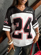 Casual Loose V-Neck Short Sleeve Number Print T-Shirt