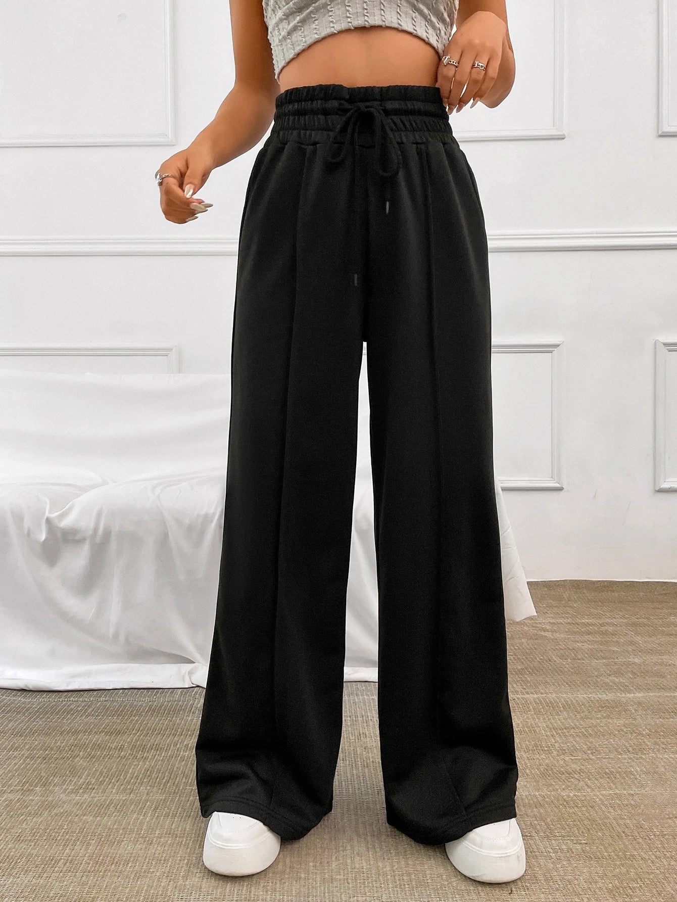 Drawstring Waist Seam Detail Wide Leg Pants Dress Pant