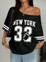 Sports Style Black And White Color Matching Slant Shoulder New York English Plus Numbers Rugby Women's T-Shirt